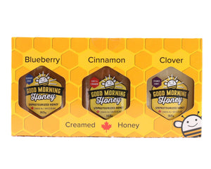 The image shows a yellow honeycomb-patterned box containing three jars of "Good Morning Honey" creamed honey. The jars are labeled as Blueberry, Cinnamon, and Clover flavors. Each jar is 165 grams and marked as unpasteurized honey from Canada. A small cartoon bee is present on the packaging.