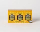 A yellow honey box with three honeycomb-patterned panels displaying different honey flavors: Lemon, Cinnamon, Clover, Creamed Honey, and Raw Honey. The box is photographed on a clean, light gray background.