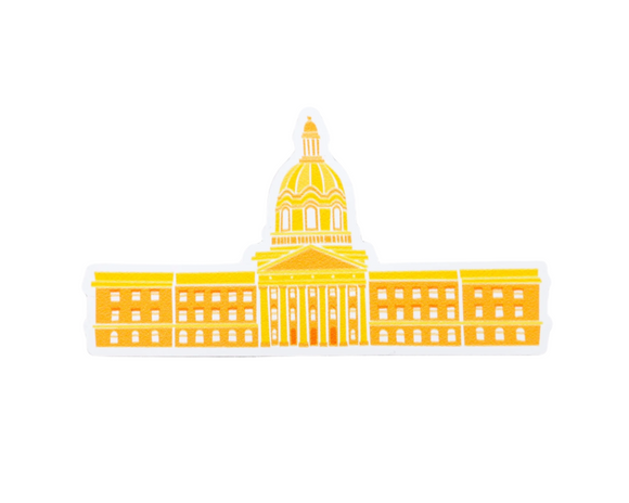 Illustrated magnet of the Alberta Legislature building. Featuring orange, and yellow colours. 