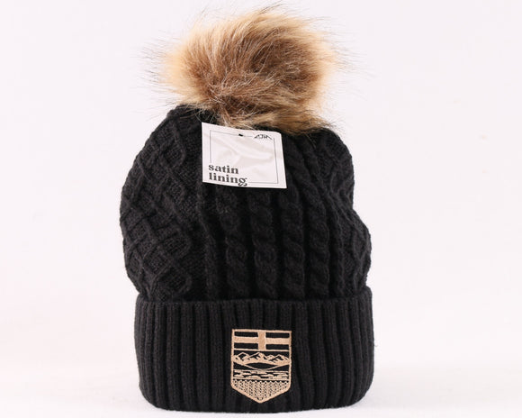 Alberta Crest Cable Knit Toque - Faux Fur Pom Pom
