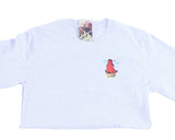 A light heather grey short-sleeve t-shirt with a small graphic of a red barn on the left chest, featuring a visible paper tag inside the collar.