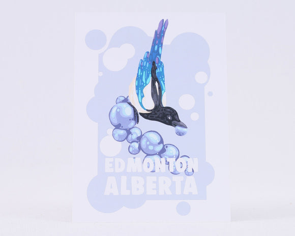 Illustration of a magpie with berries on a light purple background with 'Edmonton Alberta' text.