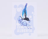 Illustration of a magpie with berries on a light purple background with 'Edmonton Alberta' text.