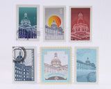 Set of six stylized stickers made to look like postage stamps featuring the Alberta Legislature building design