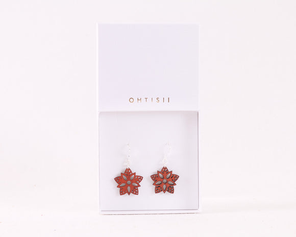 A pair of red flower-shaped earrings with intricate cut-out patterns, displayed in a white box labeled 