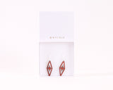 A pair of red wooden earrings shaped like a diamond with a starburst placed in the middle of the diamond. Comes with sterling silver fishhook earrings.